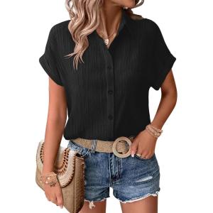 imageZeagoo Womens Button Down Shirts Casual Short Sleeve Dress Shirt Textured Collared Summer Work BlouseBlack