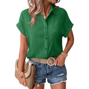 imageZeagoo Womens Button Down Shirts Casual Short Sleeve Dress Shirt Textured Collared Summer Work BlouseEvergreen