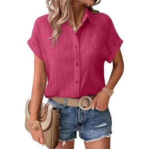 imageZeagoo Womens Button Down Shirts Casual Short Sleeve Dress Shirt Textured Collared Summer Work BlouseHot Pink