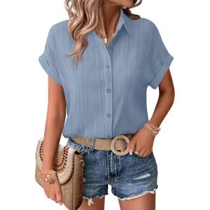 imageZeagoo Womens Button Down Shirts Casual Short Sleeve Dress Shirt Textured Collared Summer Work BlouseLight Blue