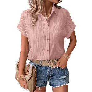 imageZeagoo Womens Button Down Shirts Casual Short Sleeve Dress Shirt Textured Collared Summer Work BlousePink