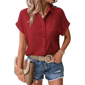 imageZeagoo Womens Button Down Shirts Casual Short Sleeve Dress Shirt Textured Collared Summer Work BlouseRed