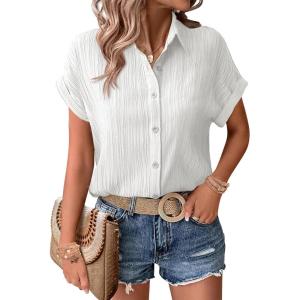 imageZeagoo Womens Button Down Shirts Casual Short Sleeve Dress Shirt Textured Collared Summer Work BlouseWhite