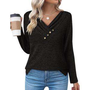 imageZeagoo Womens Casual Tunic Tops Long Sleeve Shirts for Leggings V Neck Button Fall Pullover Blouse Loose SweatshirtsBlack