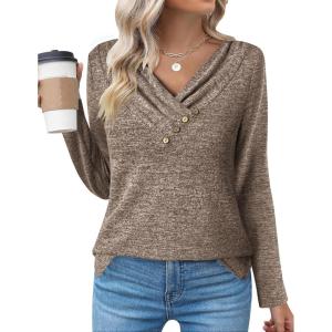 imageZeagoo Womens Casual Tunic Tops Long Sleeve Shirts for Leggings V Neck Button Fall Pullover Blouse Loose SweatshirtsCoffee
