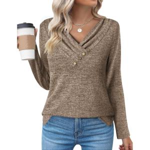 imageZeagoo Womens Casual Tunic Tops Long Sleeve Shirts for Leggings V Neck Button Fall Pullover Blouse Loose SweatshirtsCoffee02