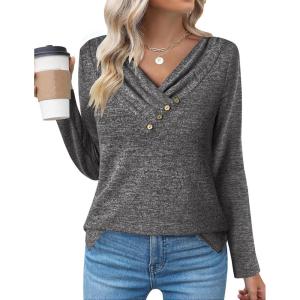 imageZeagoo Womens Casual Tunic Tops Long Sleeve Shirts for Leggings V Neck Button Fall Pullover Blouse Loose SweatshirtsDark Gray