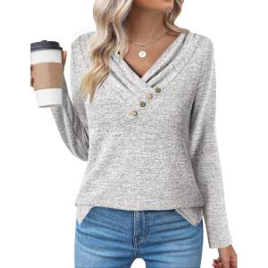 imageZeagoo Womens Casual Tunic Tops Long Sleeve Shirts for Leggings V Neck Button Fall Pullover Blouse Loose SweatshirtsGrey