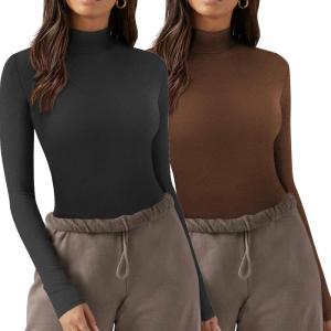 imageZeagoo Womens Long Sleeve Shirts Mock Neck Turtleneck Slim Fitted Basic Crop Tops 2024 Fashion Casual TShirtsBlackbrown