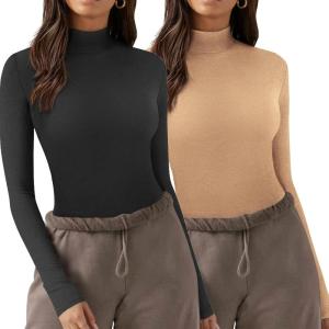 imageZeagoo Womens Long Sleeve Shirts Mock Neck Turtleneck Slim Fitted Basic Crop Tops 2024 Fashion Casual TShirtsBlackcamel