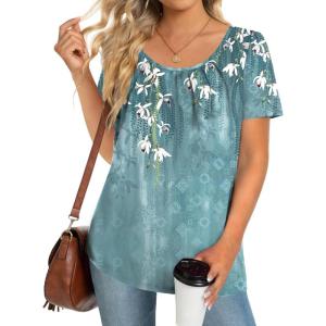 imageZeagoo Womens Summer Tunic Tops Short Sleeve Floral Boho Casual T Shirts Pleated Crewneck Flowy Relax Fit Soft BlousesBird Floral
