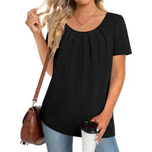 imageZeagoo Womens Summer Tunic Tops Short Sleeve Floral Boho Casual T Shirts Pleated Crewneck Flowy Relax Fit Soft BlousesBlack