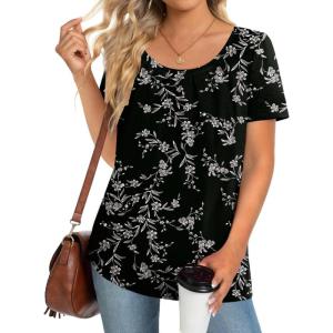 imageZeagoo Womens Summer Tunic Tops Short Sleeve Floral Boho Casual T Shirts Pleated Crewneck Flowy Relax Fit Soft BlousesBlack Floral