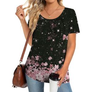 imageZeagoo Womens Summer Tunic Tops Short Sleeve Floral Boho Casual T Shirts Pleated Crewneck Flowy Relax Fit Soft BlousesBlack Pink Floral