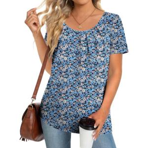 imageZeagoo Womens Summer Tunic Tops Short Sleeve Floral Boho Casual T Shirts Pleated Crewneck Flowy Relax Fit Soft BlousesBlue Floral