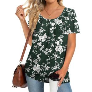 imageZeagoo Womens Summer Tunic Tops Short Sleeve Floral Boho Casual T Shirts Pleated Crewneck Flowy Relax Fit Soft BlousesGreen Floral