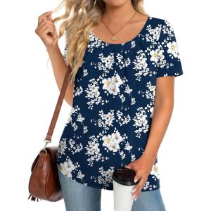 imageZeagoo Womens Summer Tunic Tops Short Sleeve Floral Boho Casual T Shirts Pleated Crewneck Flowy Relax Fit Soft BlousesNavy Floral