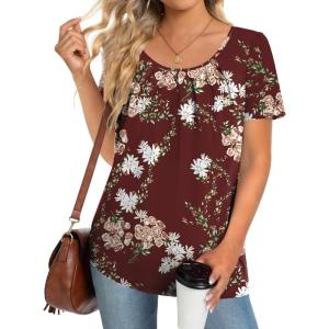 imageZeagoo Womens Summer Tunic Tops Short Sleeve Floral Boho Casual T Shirts Pleated Crewneck Flowy Relax Fit Soft BlousesRed Floral