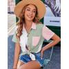 imageZeagoo Womens Button Down Shirts Color Block Short Sleeve Cotton Linen Summer Causal Blouses TopsPat1