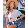 imageZeagoo Womens Button Down Shirts Color Block Short Sleeve Cotton Linen Summer Causal Blouses TopsPat2