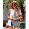 imageZeagoo Womens Button Down Shirts Color Block Short Sleeve Cotton Linen Summer Causal Blouses TopsPat3