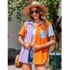 imageZeagoo Womens Button Down Shirts Color Block Short Sleeve Cotton Linen Summer Causal Blouses TopsPat7