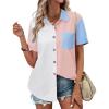 imageZeagoo Womens Button Down Shirts Color Block Short Sleeve Cotton Linen Summer Causal Blouses TopsPat2