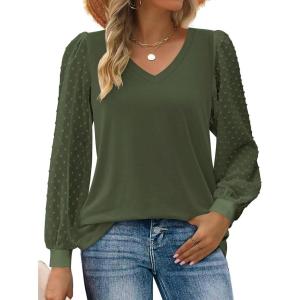 imageZeagoo Womens Blouses Dressy Casual V Neck Top Swiss Dot Balloon Long Sleeve ShirtsArmy Green