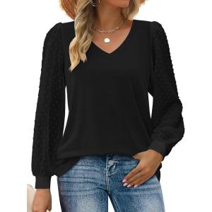 imageZeagoo Womens Blouses Dressy Casual V Neck Top Swiss Dot Balloon Long Sleeve ShirtsBlack