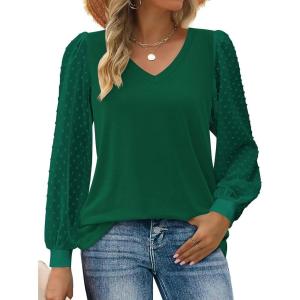 imageZeagoo Womens Blouses Dressy Casual V Neck Top Swiss Dot Balloon Long Sleeve ShirtsGreen