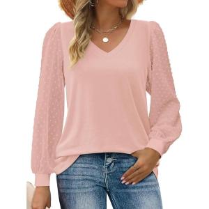 imageZeagoo Womens Blouses Dressy Casual V Neck Top Swiss Dot Balloon Long Sleeve ShirtsLight Pink