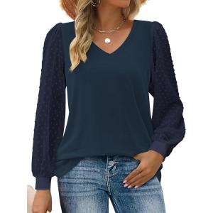 imageZeagoo Womens Blouses Dressy Casual V Neck Top Swiss Dot Balloon Long Sleeve ShirtsNavy Blue