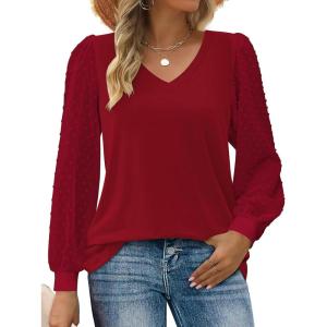 imageZeagoo Womens Blouses Dressy Casual V Neck Top Swiss Dot Balloon Long Sleeve ShirtsRed