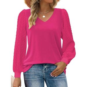 imageZeagoo Womens Blouses Dressy Casual V Neck Top Swiss Dot Balloon Long Sleeve ShirtsRose