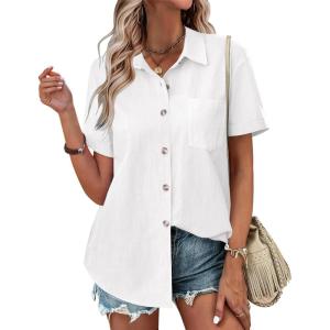 imageZeagoo Womens Button Down Shirts Color Block Short Sleeve Cotton Linen Summer Causal Blouses TopsAwhite