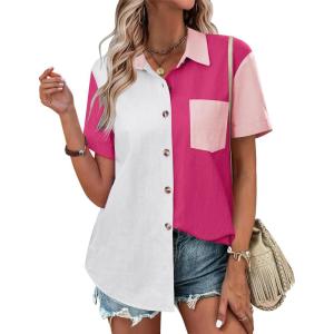 imageZeagoo Womens Button Down Shirts Color Block Short Sleeve Cotton Linen Summer Causal Blouses TopsAzpat6