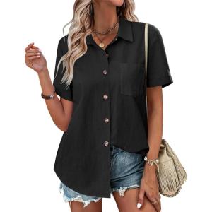 imageZeagoo Womens Button Down Shirts Color Block Short Sleeve Cotton Linen Summer Causal Blouses TopsBlack