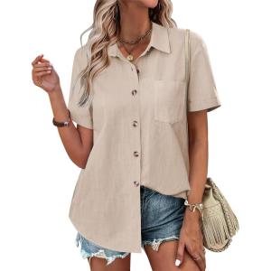 imageZeagoo Womens Button Down Shirts Color Block Short Sleeve Cotton Linen Summer Causal Blouses TopsChampagne
