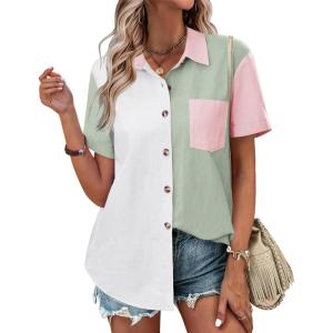 imageZeagoo Womens Button Down Shirts Color Block Short Sleeve Cotton Linen Summer Causal Blouses TopsPat1