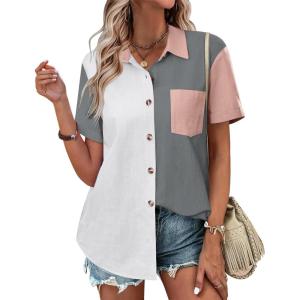 imageZeagoo Womens Button Down Shirts Color Block Short Sleeve Cotton Linen Summer Causal Blouses TopsPat3