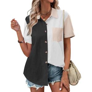 imageZeagoo Womens Button Down Shirts Color Block Short Sleeve Cotton Linen Summer Causal Blouses TopsPat4