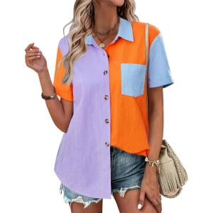 imageZeagoo Womens Button Down Shirts Color Block Short Sleeve Cotton Linen Summer Causal Blouses TopsPat7