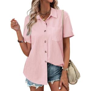 imageZeagoo Womens Button Down Shirts Color Block Short Sleeve Cotton Linen Summer Causal Blouses TopsPink