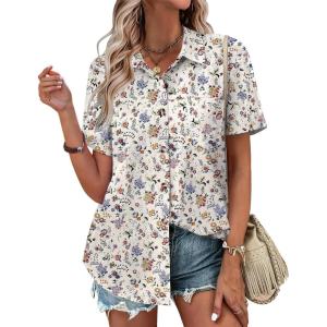 imageZeagoo Womens Button Down Shirts Color Block Short Sleeve Cotton Linen Summer Causal Blouses TopsXh296