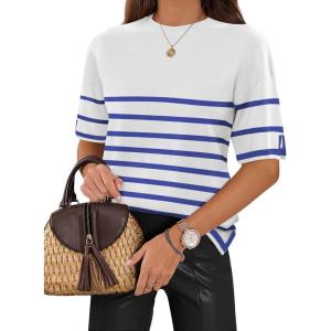 imageZeagoo Womens Knit Short Sleeve Tops Summer Pullover Blouse Basic Casual ShirtBlue Stripe
