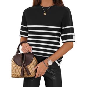 imageZeagoo Womens Knit Short Sleeve Tops Summer Pullover Blouse Basic Casual ShirtStripe Black
