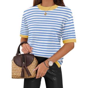 imageZeagoo Womens Knit Short Sleeve Tops Summer Pullover Blouse Basic Casual ShirtStripe Blue White1