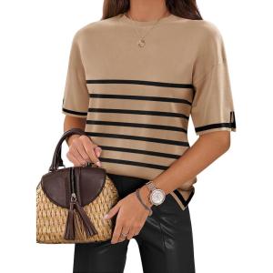 imageZeagoo Womens Knit Short Sleeve Tops Summer Pullover Blouse Basic Casual ShirtStripe Khaki