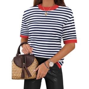 imageZeagoo Womens Knit Short Sleeve Tops Summer Pullover Blouse Basic Casual ShirtStripe Navy Blue White1