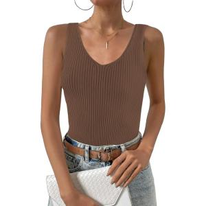 imageZeagoo Womens Ribbed Tank Tops 2024 V Neck Slim Fit Knit Sleeveless Shirts Casual Basic TeeBrown